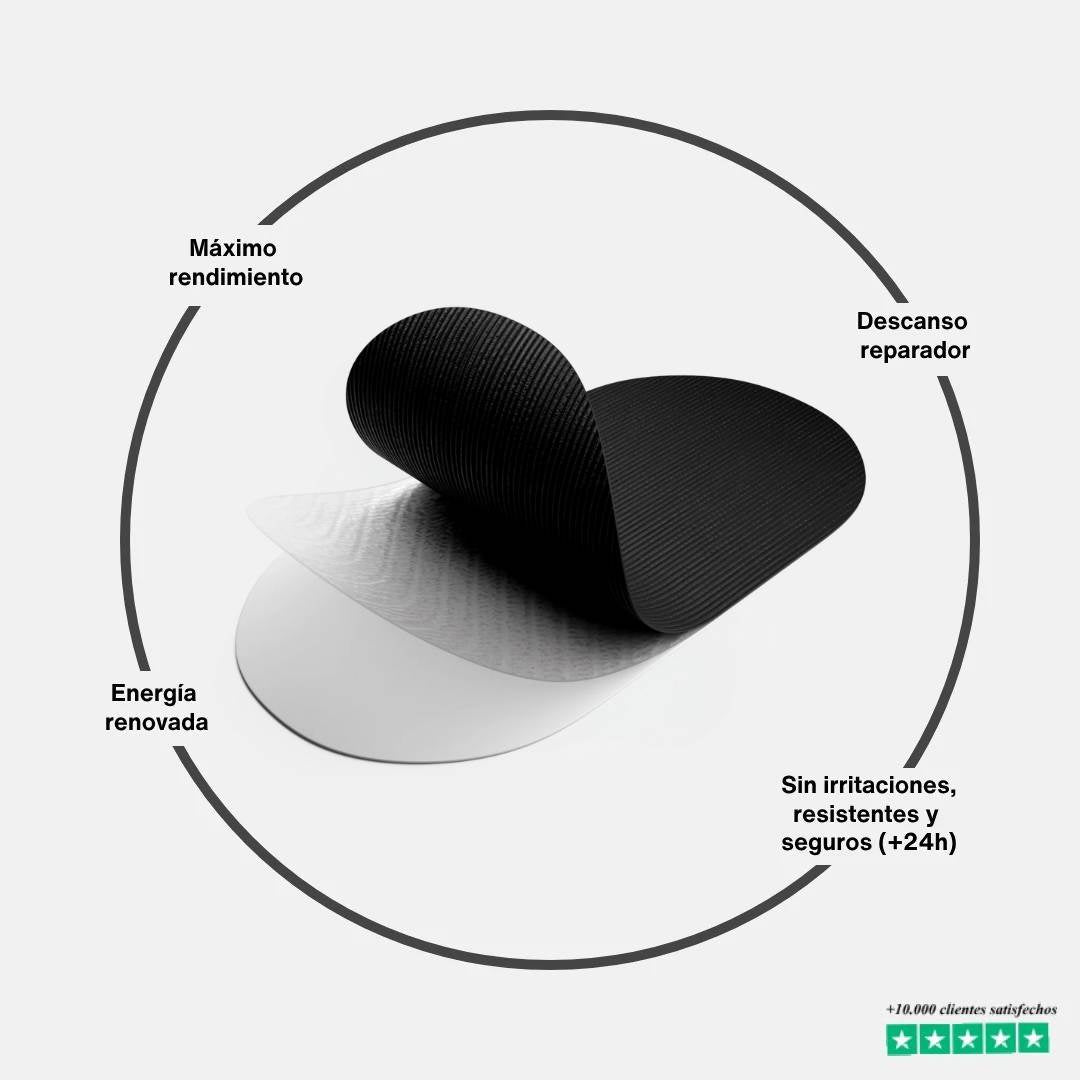 Cinta Bucal biOptimización - Infografía circular 4 beneficios: máximo rendimiento, descanso reparador, energía renovada, sin irritaciones +24h - +19,000 clientes satisfechos Trustpilot