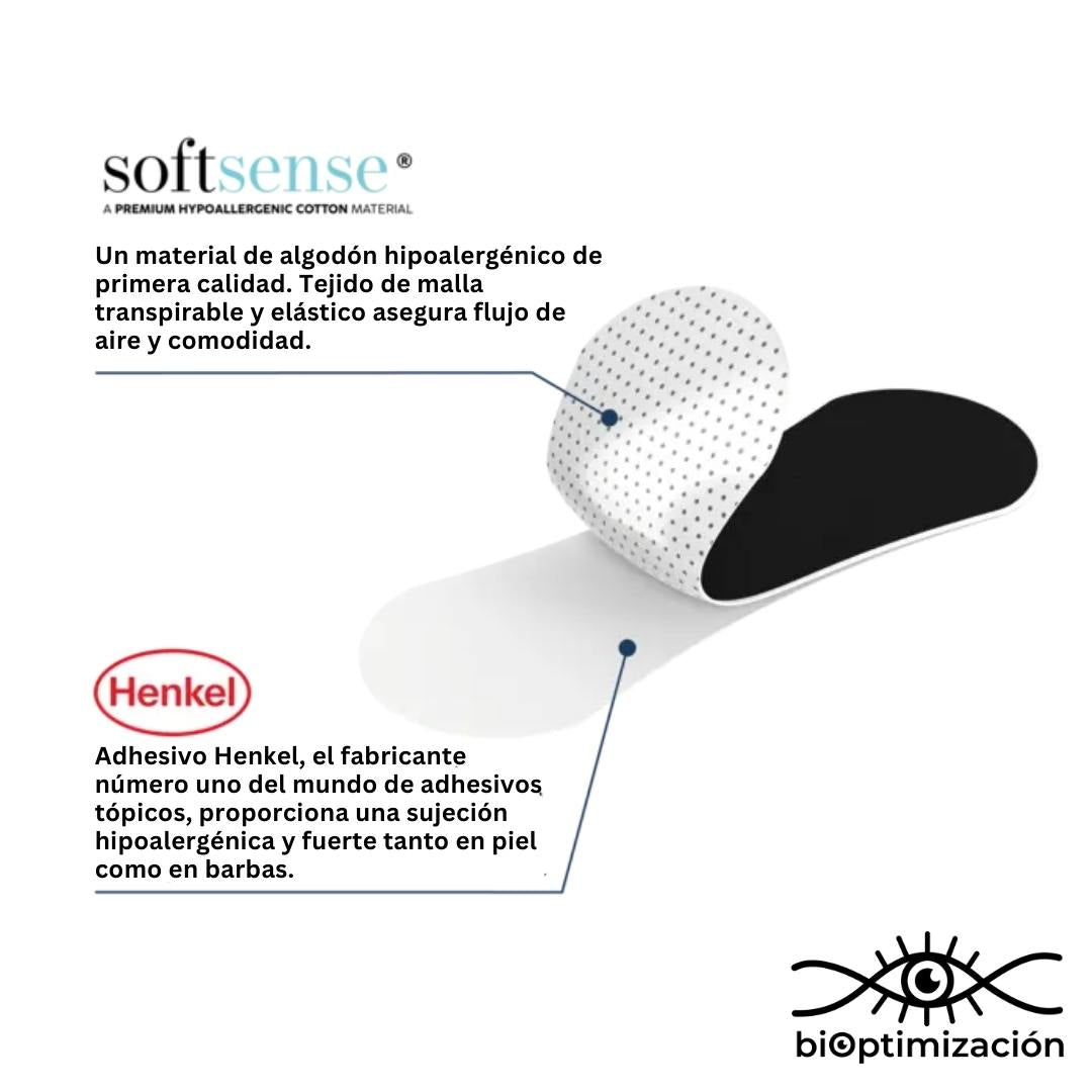 Tiras Nasales biOptimización - Infografía material SoftSense algodón hipoalergénico premium y adhesivo Henkel - sujeción fuerte en piel y barbas