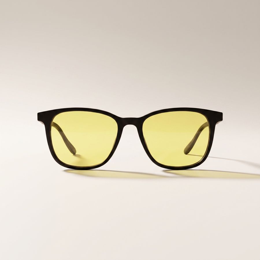 Detalle frontal de los lentes Alpha Clarity+: montura negra de acetato con lente amarillo