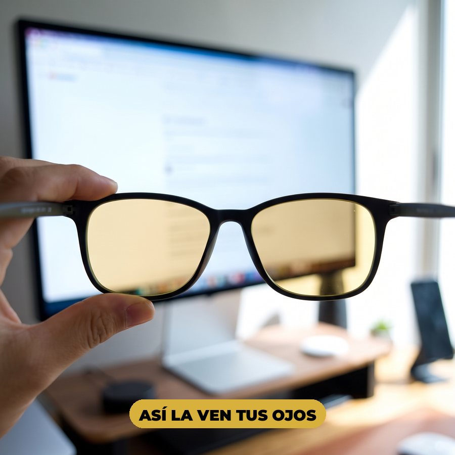 Vista a través del lente amarillo: dentro del lente la pantalla se ve cálida y suave