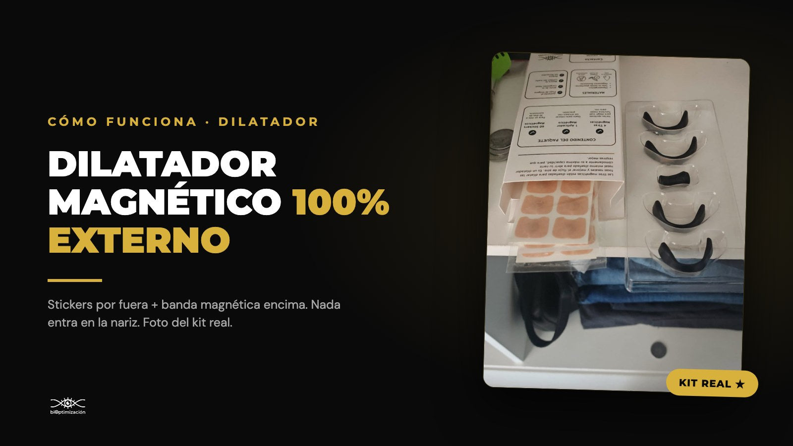 Cómo funciona el dilatador nasal magnético — kit real, 100% externo, stickers + banda