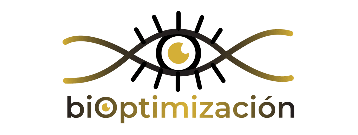 Logotipo de 'Bioptimización' lentes blue block con un ojo abstracto con rayos que se extienden hacia afuera y el nombre escrito en una fuente sofisticada, sobre un fondo blanco.