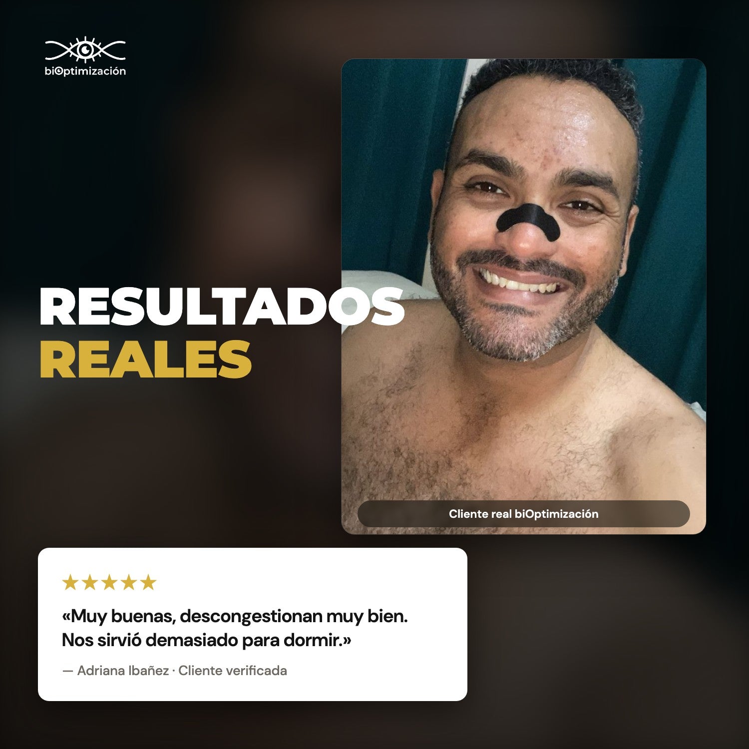 Cliente real con la tira nasal negra puesta y resena verificada