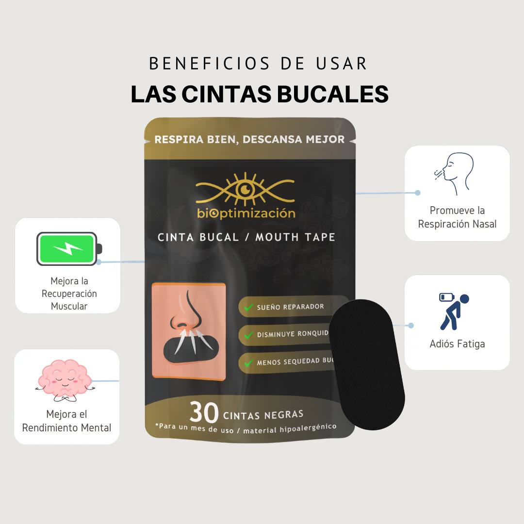 Cinta Bucal biOptimización - Infografía 4 beneficios - Promueve respiración nasal, mejora recuperación muscular y rendimiento mental, adiós fatiga