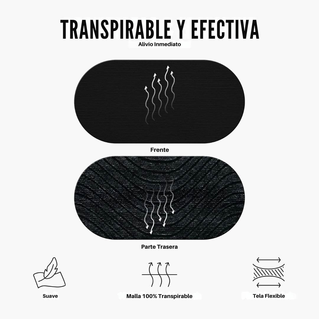 Cinta Bucal biOptimización - Infografía material: transpirable y efectiva - Frente y parte trasera - Suave, malla 100% transpirable, tela flexible, alivio inmediato