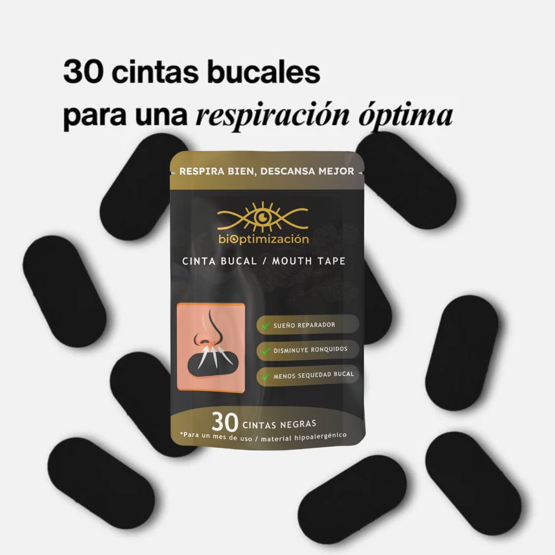Cinta Bucal biOptimización - Empaque con 30 cintas bucales negras flotando alrededor - 30 cintas para una respiración óptima, un mes de uso