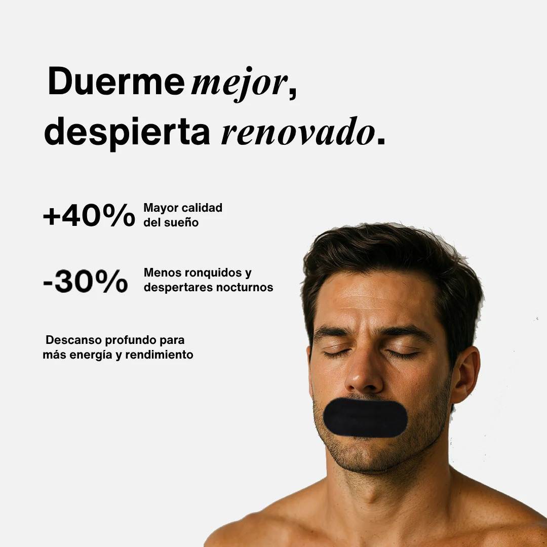 Cinta Bucal biOptimización - Hombre con cinta bucal negra aplicada - Duerme mejor, despierta renovado: +40% calidad del sueño, -30% ronquidos y despertares nocturnos