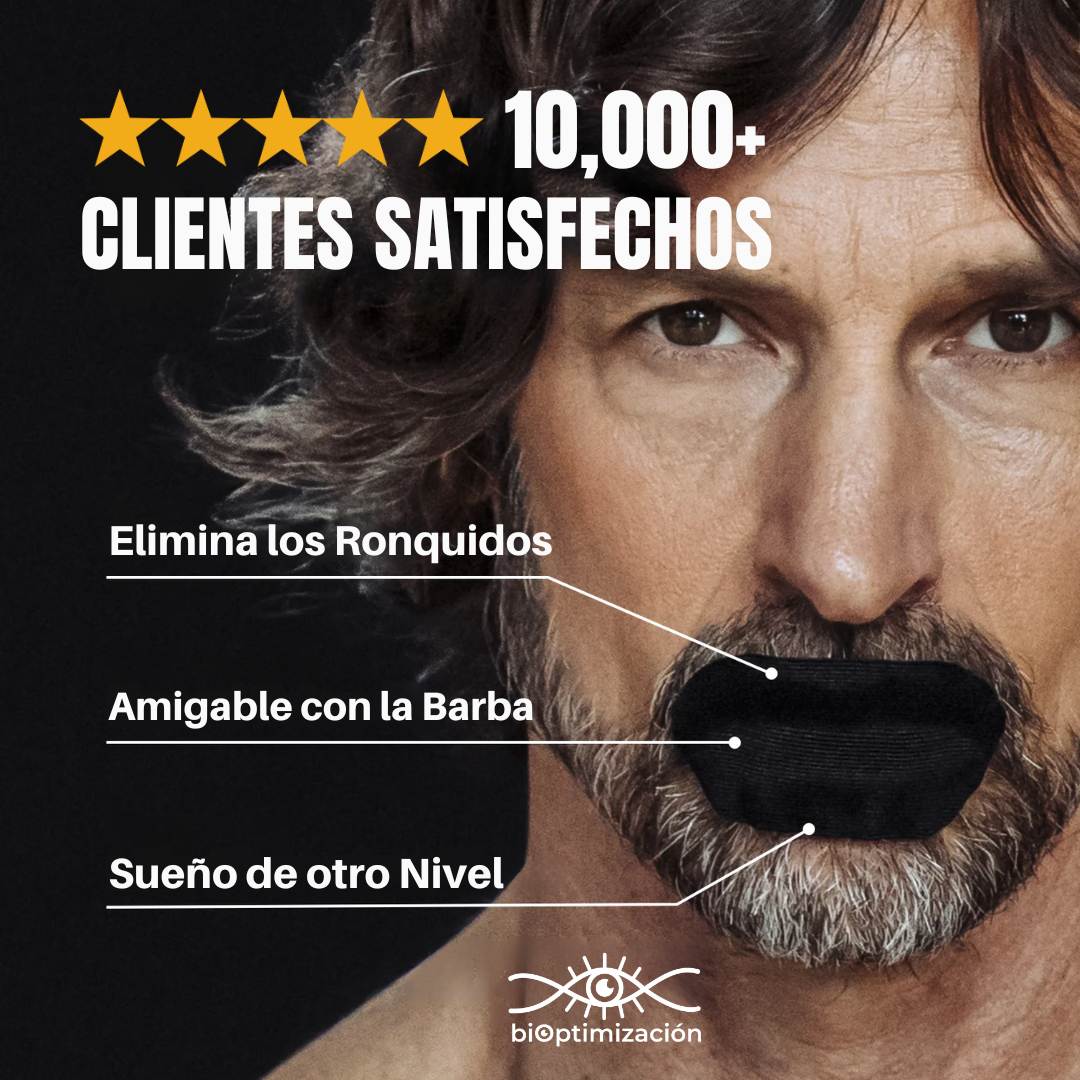 Cinta Bucal biOptimización - 10,000+ clientes satisfechos 5 estrellas - Hombre con barba usando la cinta: elimina ronquidos, amigable con la barba, sueño de otro nivel