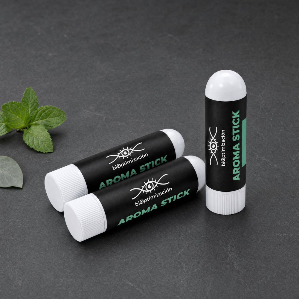 Los 3 tubitos de la bolsita: etiqueta negra «Aroma Stick», con la tapa y la base blancas