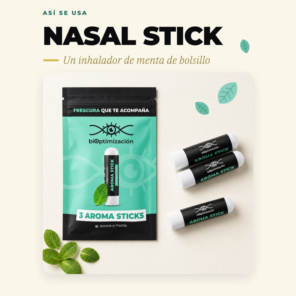 Animación: así se usa el Nasal Stick. 1, quítale la tapa. 2, acércalo a la nariz, sin meterlo. 3, respira hondo. 4, tápalo bien. Cada bolsita trae 3 tubitos.