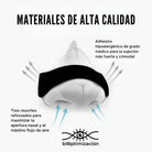 Tiras Nasales biOptimización - Infografía materiales alta calidad - Adhesivo hipoalergénico grado médico - Tres resortes reforzados para máximo flujo de aire