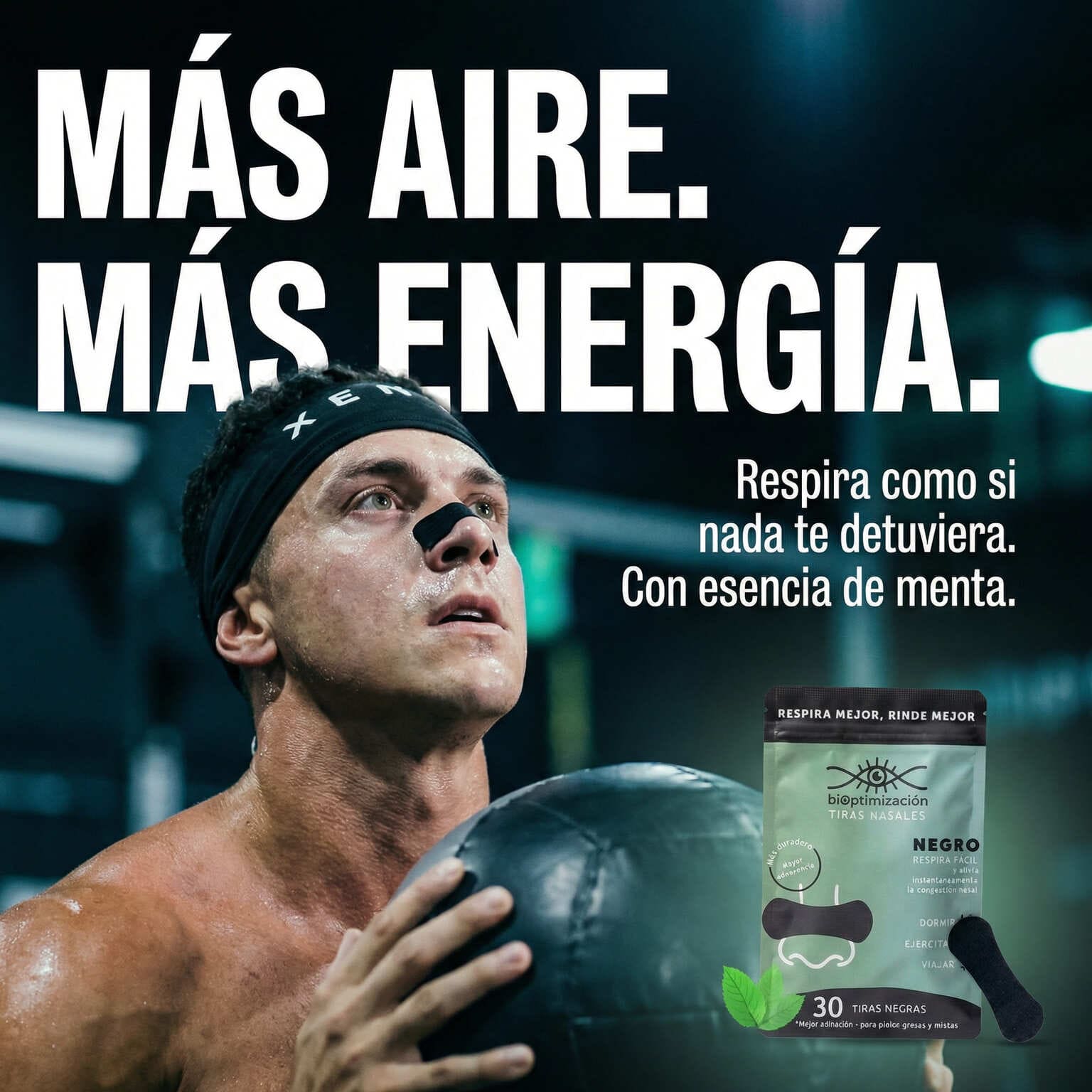 Tiras Nasales biOptimización - Variante Negro/Menta - Atleta en gym - Más aire, más energía - Respira como si nada te detuviera, con esencia de menta
