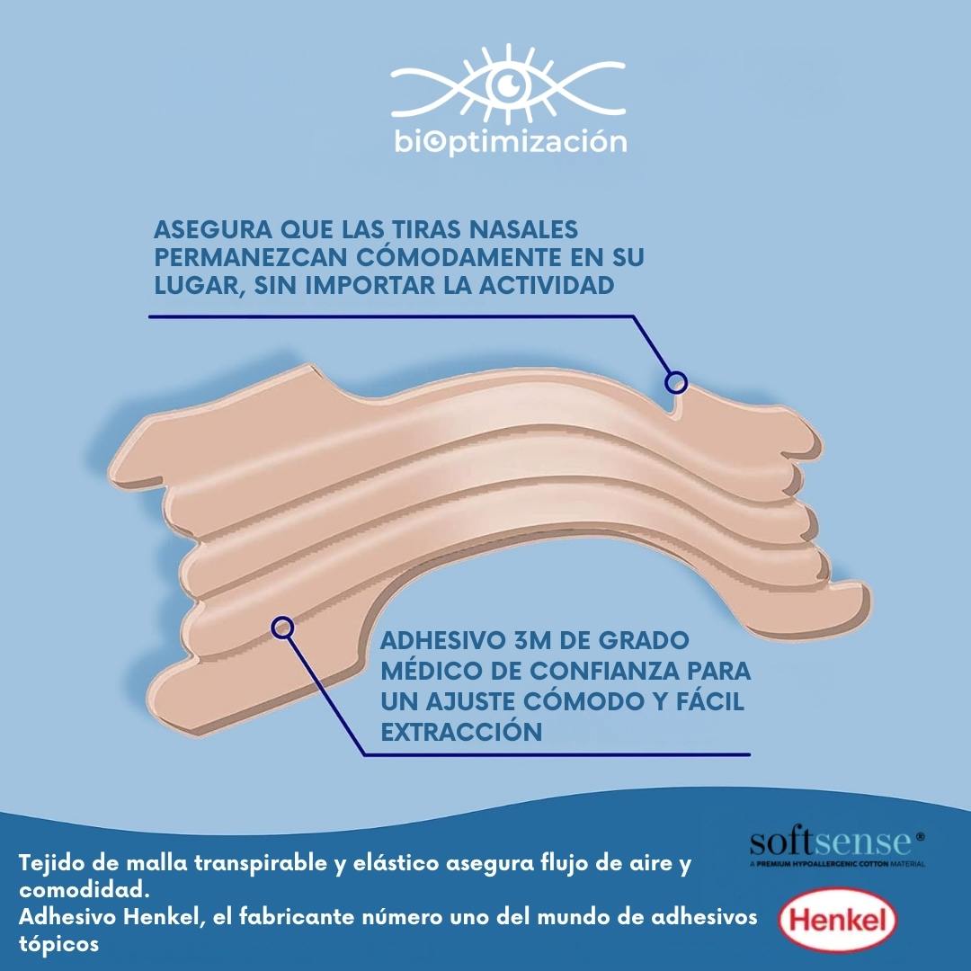 Tiras Nasales biOptimización - Infografía materiales - Adhesivo 3M grado médico Henkel para ajuste cómodo + tejido SoftSense transpirable