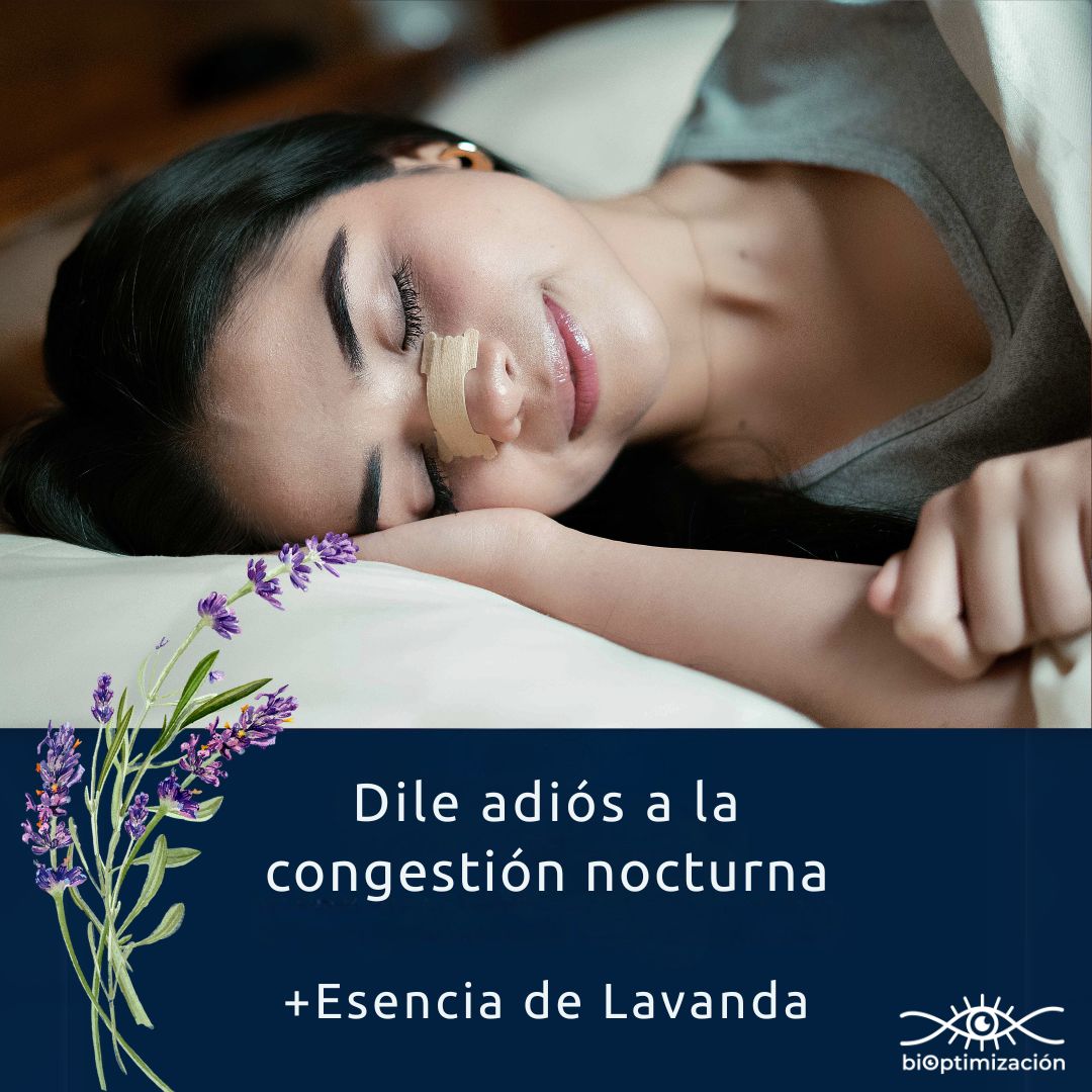 Tiras Nasales biOptimización - Variante Color Piel/Lavanda - Mujer durmiendo - Dile adiós a la congestión nocturna - Esencia de lavanda