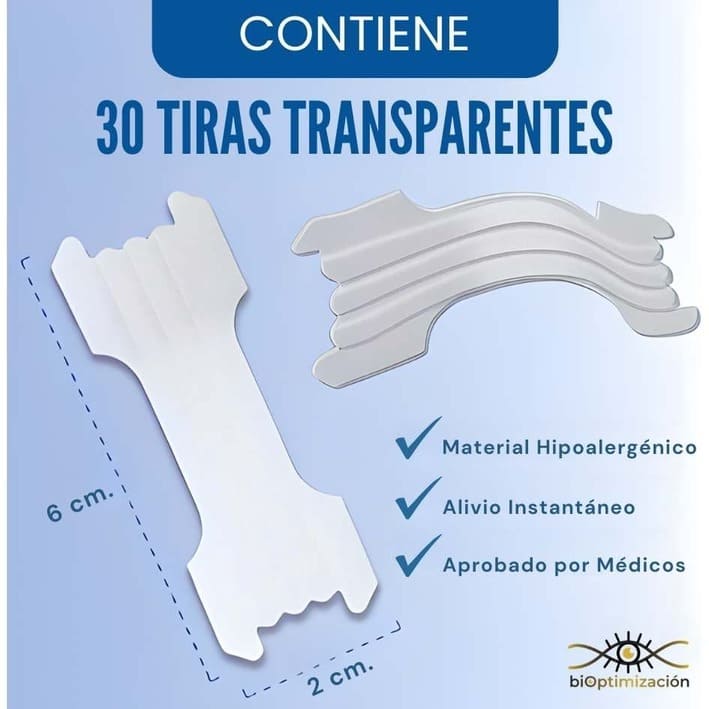 Tiras Nasales biOptimización - Variante Transparente - Infografía tamaño 6x2cm - Material hipoalergénico, alivio instantáneo, aprobado por médicos - 30 tiras transparentes