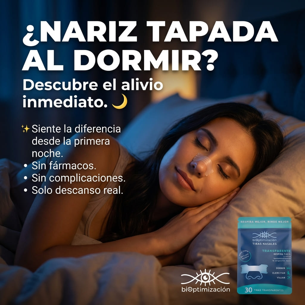 Tiras Nasales biOptimización - Variante Transparente - Mujer durmiendo con tira aplicada en nariz - ¿Nariz tapada al dormir? Alivio inmediato desde la primera noche, sin fármacos