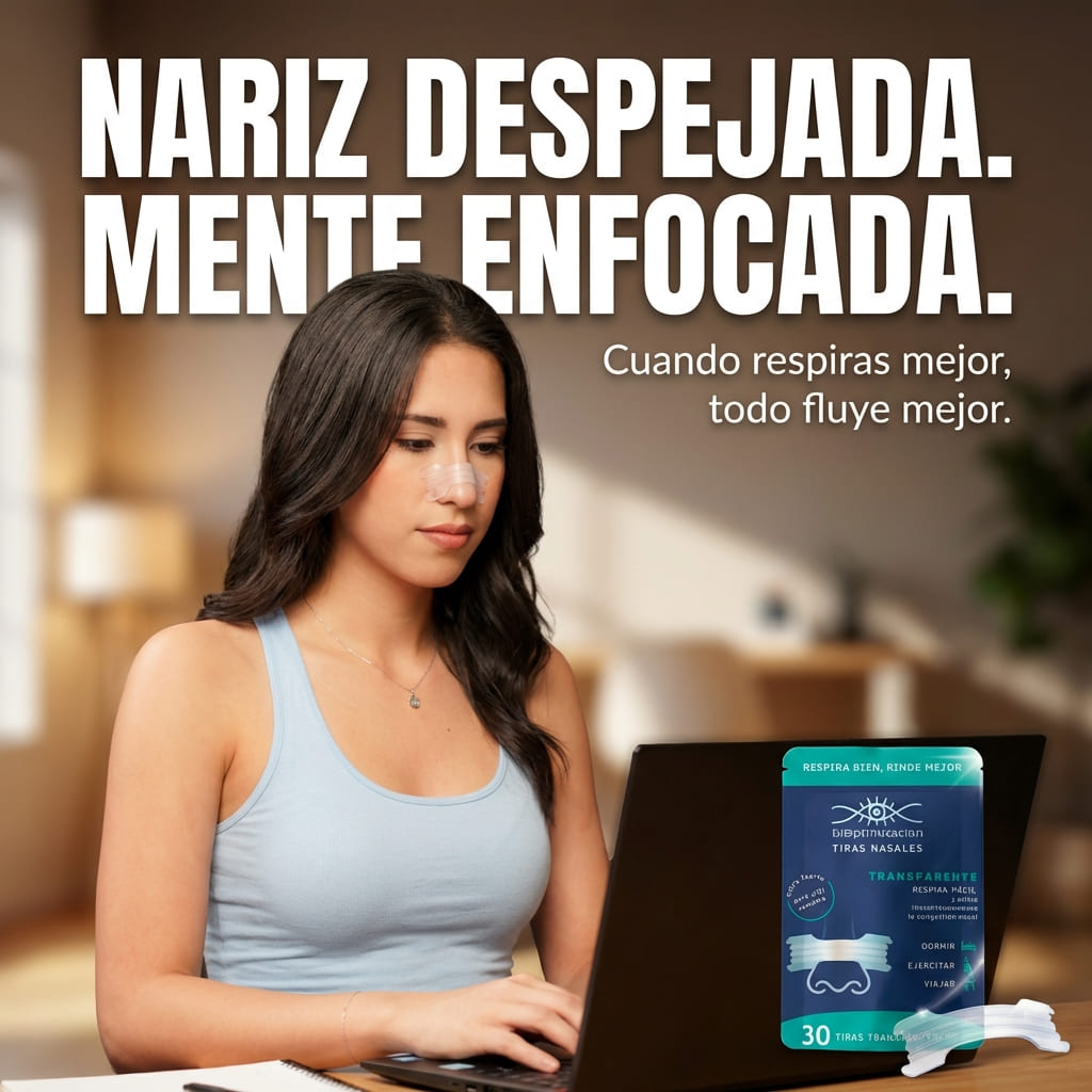 Tiras Nasales biOptimización - Variante Transparente - Mujer trabajando en laptop - Nariz despejada, mente enfocada: cuando respiras mejor, todo fluye mejor