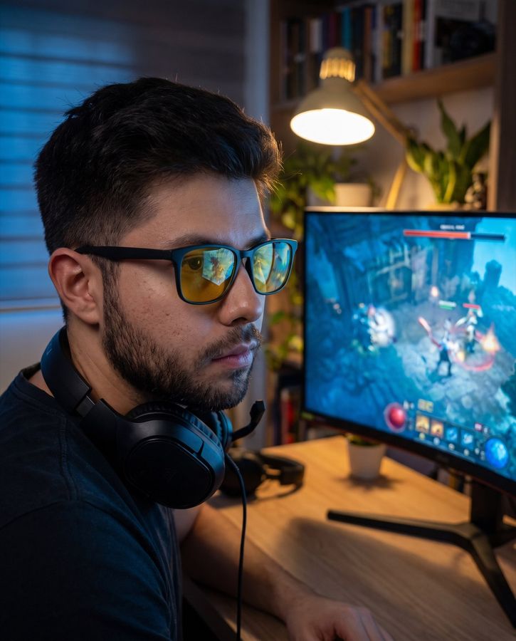 Hombre con los lentes Alpha Clarity+ jugando frente a un monitor