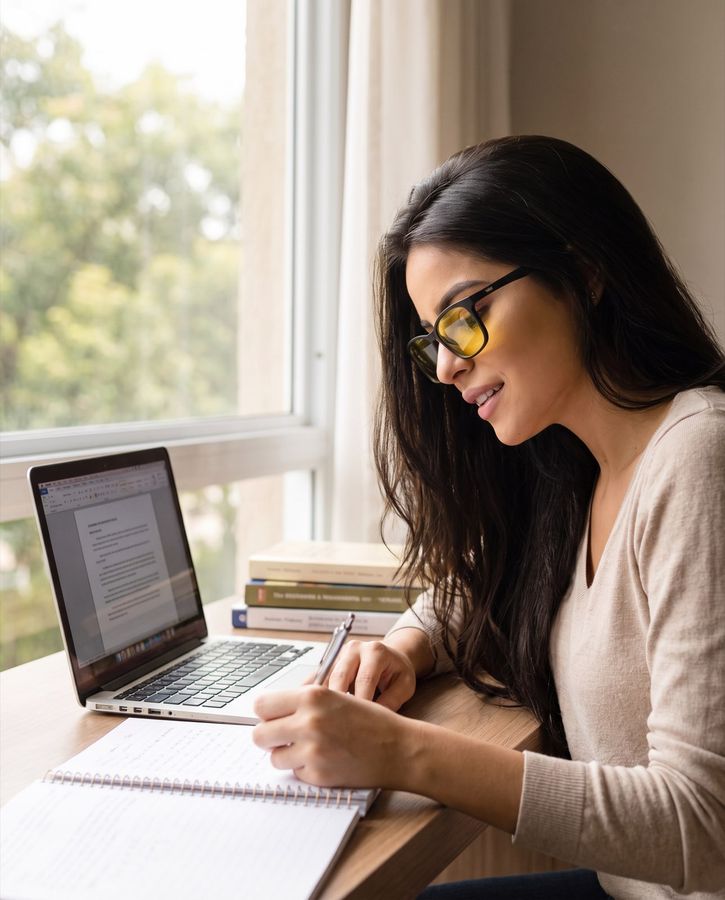 Mujer estudiando con laptop y cuaderno junto a una ventana, con los lentes puestos