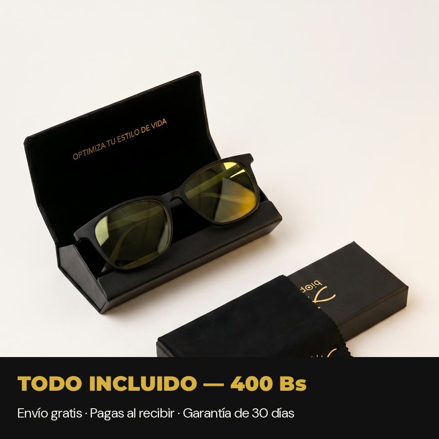 Todo lo que incluye Alpha Clarity+ por 400 Bs: lentes, estuche rígido, paño y packaging premium