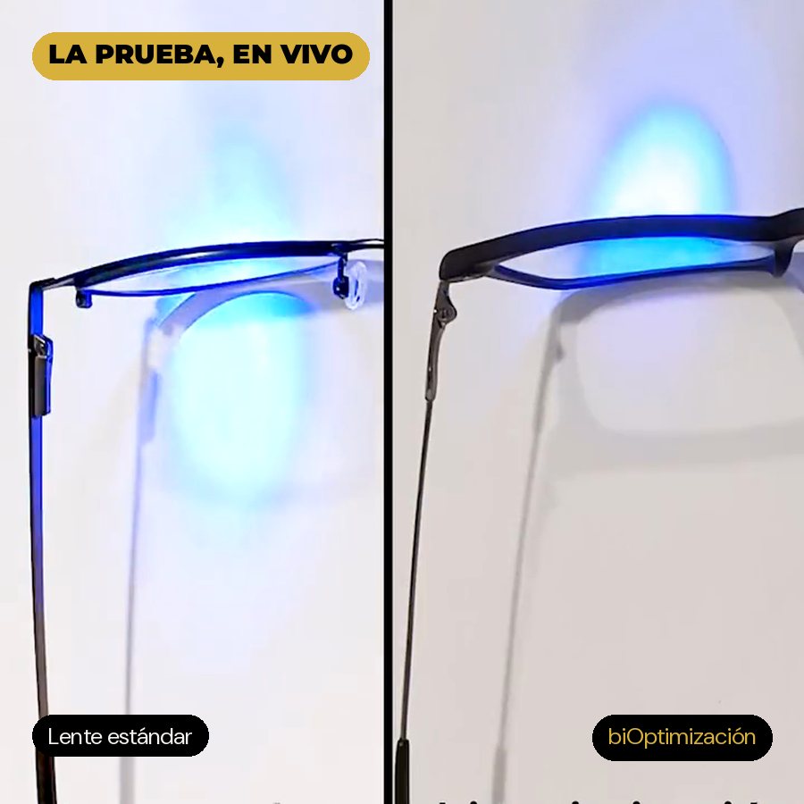 Prueba con linterna de luz azul: el lente estándar la deja pasar, el biOptimización la atenúa