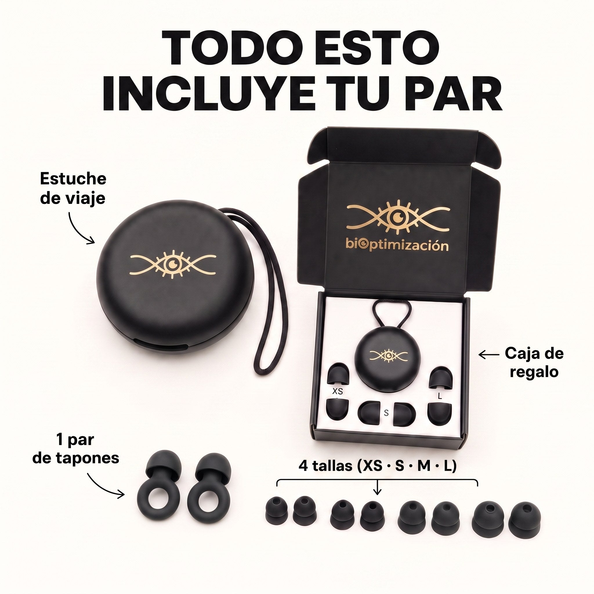 Todo lo que incluye tu par: estuche de viaje, caja de regalo y 4 tallas de puntas