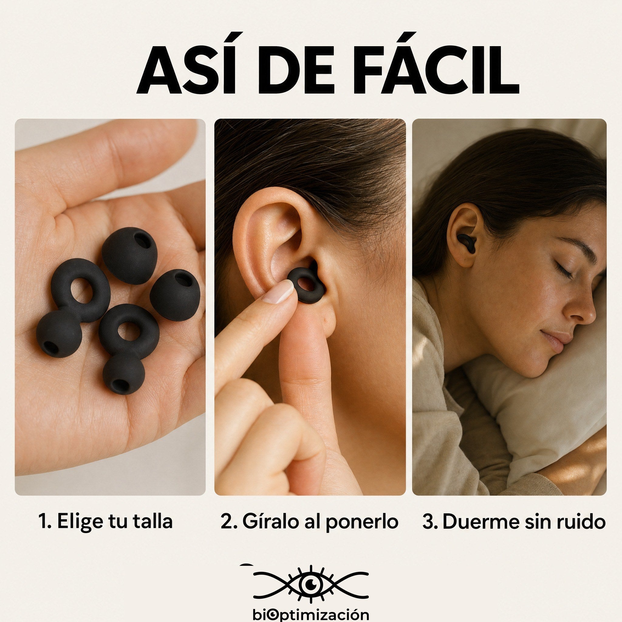 Cómo usarlos en 3 pasos: elige tu talla, gíralo al ponerlo, duerme sin ruido