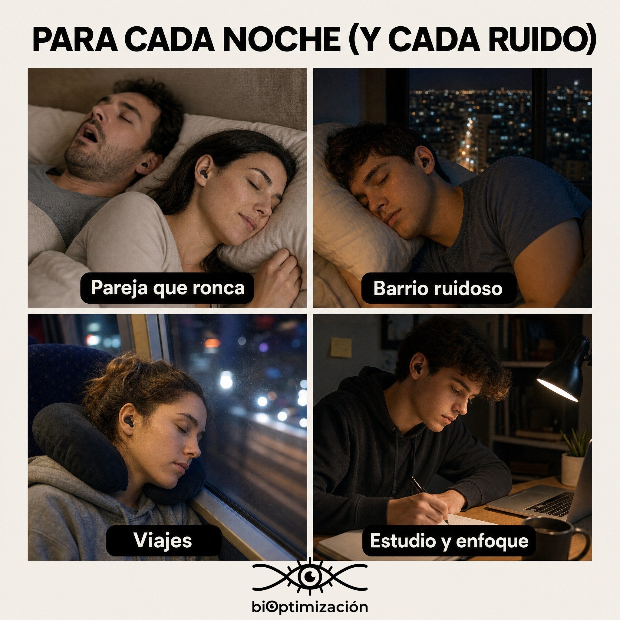 Casos de uso: pareja que ronca, barrio ruidoso, viajes, estudio y enfoque