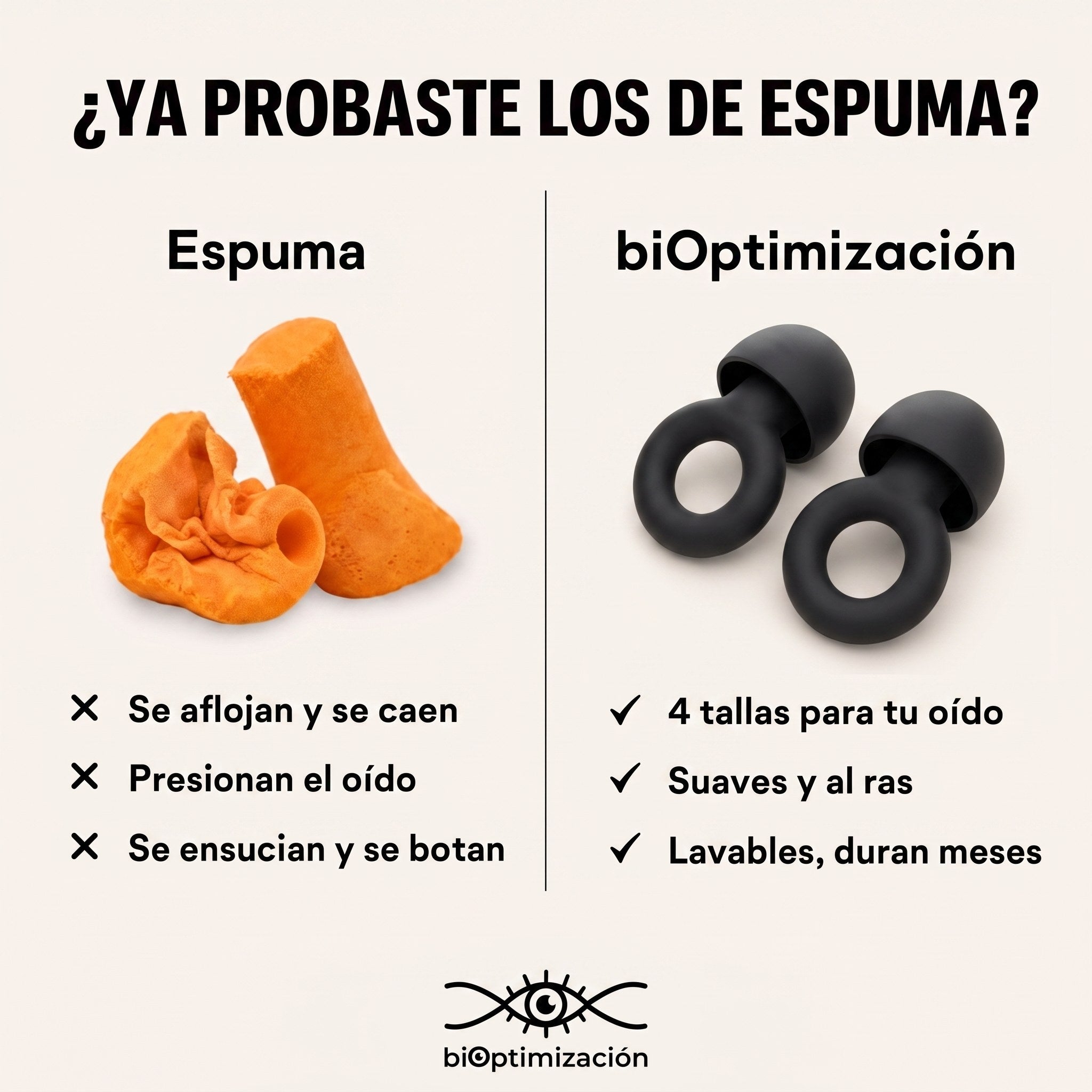 Comparativa: tapones de espuma vs tapones biOptimización con 4 tallas