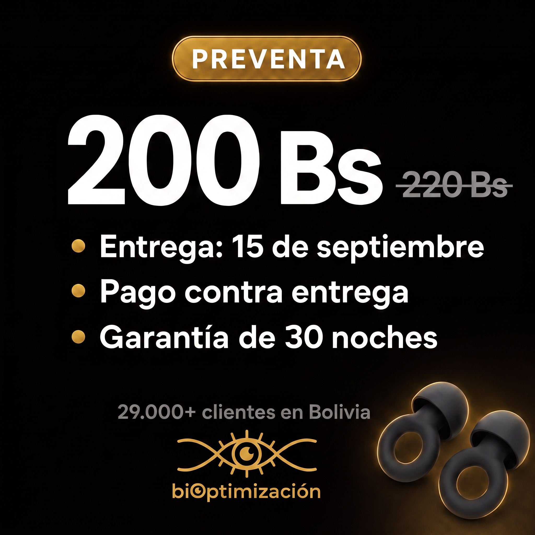 Preventa: 200 Bs el par, entrega 15 de septiembre, pago contra entrega, garantía de 30 noches