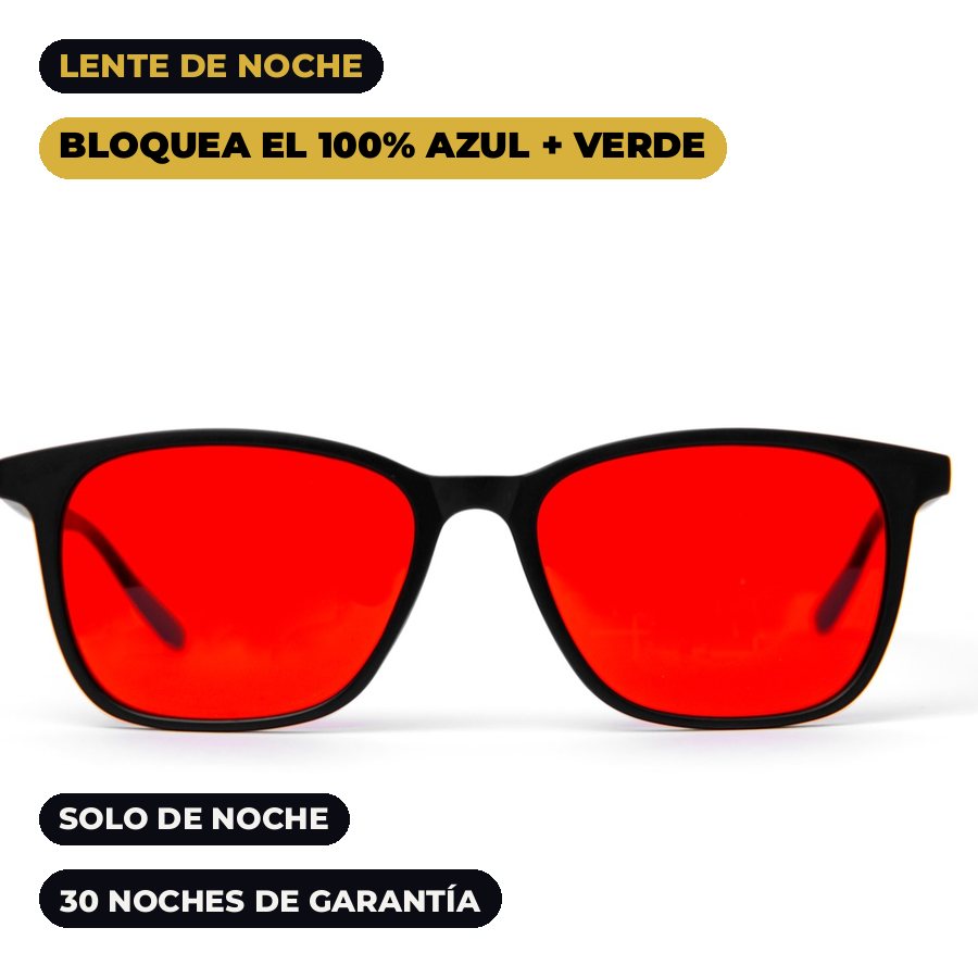 Lentes Alpha + Sueño de lente rojo con sus datos clave: bloquea el 100% de la luz azul y verde, solo de noche, 30 noches de garantía